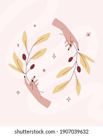 Hands with olive branch. Modern vintage art. Vector minimalistic composition.