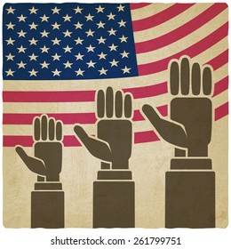 hands up on American flag old background - vector illustration. eps 10