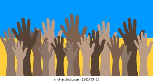 Hands up on the background of the flag of Ukraine. stop war