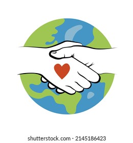 Hands on background of globe, the earth. Handshake, partnership, peace concept. Vector illustration.