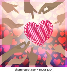 HANDS AND HANDS HANDS ON THE BACKGROUND OF HEART. Illustration for your design.