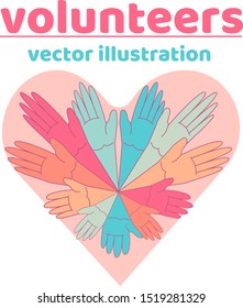 Hands on the background of the heart. The open palm is voluntarily extended up. Concept: volunteering, volunteers, help, together, different, nations, donation, social support, garbage collection.