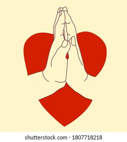 Manos al fondo de un corazón rojo. La palma de las mujeres está unida a la palma de los hombres. gestos - Tensión, amor y pasión. línea de contorno. Aislado en segundo plano. Ilustración del vector
