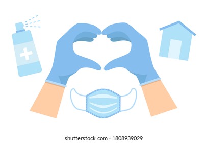 Hands on blue glove making heart sign with sanitiser, house, medical mask isolated on white background. Vector flat illustration. Template for website, landing page, banner 