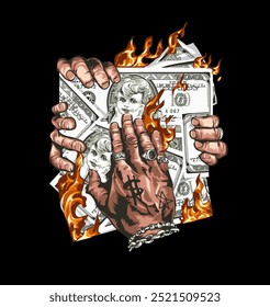 hands on burning cash graphic vector illustration on black background