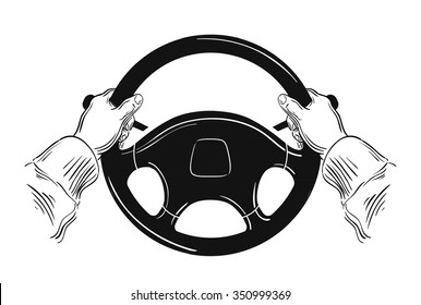 Hands On Car Steering Wheel Isolated On White Background