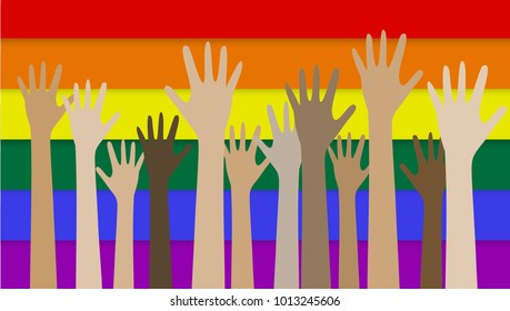 up hands on colorful rainbow flag background. LGBT love support. Diversity and equality LGBT in society. 