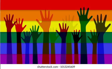 up hands on colorful rainbow flag background. LGBT love support. Diversity and equality LGBT in society. 