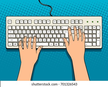 Hands on computer keyboard comic book pop art retro style vector illustration.