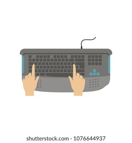 Hands on computer keyboard, man working with computer, top view vector Illustration on a white background