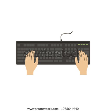 Hands on computer keyboard, working place with hands, top view vector Illustration on a white background