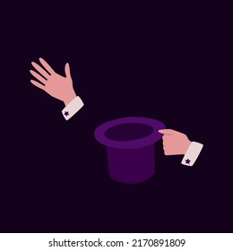 Hands on a dark background show a trick with a hat. Vector illustration, isolated elements. A circus trick.