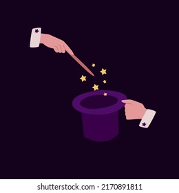 Hands on a dark background show a trick with a magic wand and a hat. Vector illustration, isolated elements. A circus trick.