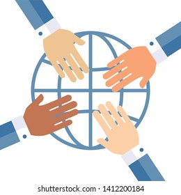 Hands on the globe. International business associations. Flat vector design, white background.