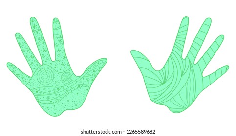 Hands on isolated white. Abstract patterns on isolation background. Design for spiritual relaxation for adults. Zen art. Doodles for banner, poster, t-shirt or textiles