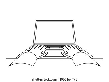 Hands on the keyboard continuous one line drawing. Working at home with laptop isolated on white background. Vector illustration
