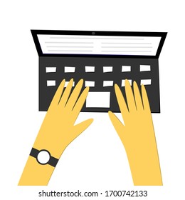 Manos en el teclado del portátil - Ilustración vectorial aislada, estilo plano