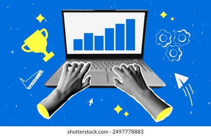 Manos en el teclado. Collage moderno con manos de medio tono y portátil. Persona que usa una computadora portátil. Trabajo remoto. Elementos de periódicos de moda. Ilustración de negocios. Gráfico de crecimiento de ventas en el monitor