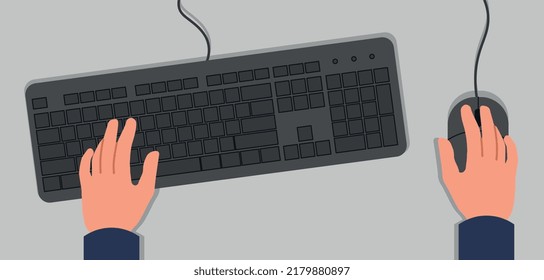 Hands on keyboard and mouse. Computer hardware and modern technology. Person uses device to work in office or at home. Design element for digital equipment store. Cartoon flat vector illustration