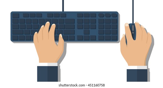 Hands on the keyboard and mouse. Flat style design, vector illustration. Workspace user's computer. Programmer, blogger, freelancer, designer, office employee.