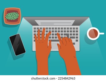 Hands on the keyboard. Person using a laptop from above. Top view. Freelancer sitting on working table and typing, writing. Remote work. Mug of coffee, cactus, phone, computer on desk