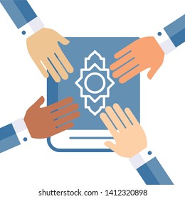 Hands on the Koran. Flat vector design, white background.