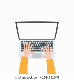 Hands on laptop keyboard with blank screen monitor. Flat style