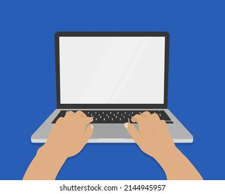 Hands on laptop keyboard with blank screen monitor. Vector illustration.