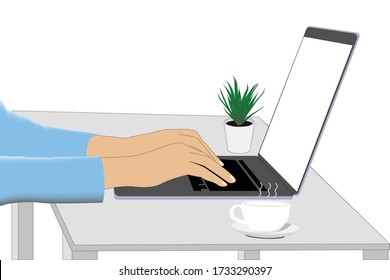 Hands on laptop keyboard pushing keys, coffee,on the desk. white background  on the screen. Office desk concept. Flat style