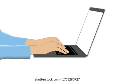 Hands on laptop keyboard pushing keys, on the desk. white background  on the screen. Office desk concept. Flat style