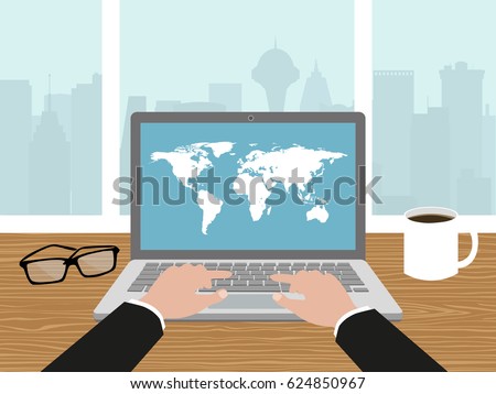 Hands on laptop keyboard pushing keys, coffee,world map and glasses on the desk. World map on the screen. Office desk concept. Flat style