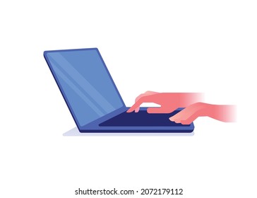 Manos en el teclado del portátil. Ilustración vectorial de concepto de trabajo remoto. Portátil azul con pantalla en blanco.
