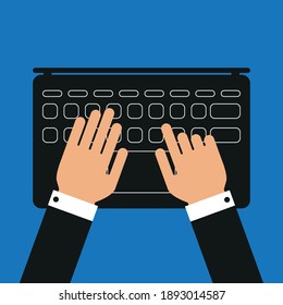 Hands on the laptop keyboard. Simple flat vector illustration.