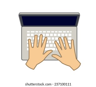 Hands on laptop keyboard top view