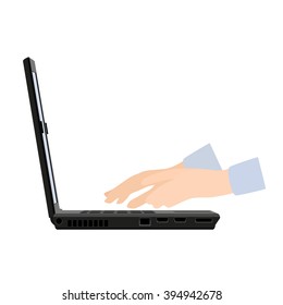 Hands on laptop keyboard vector illustration.