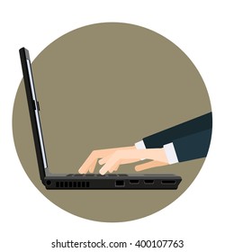 Hands on laptop keyboard vector illustration.