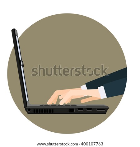 Hands on laptop keyboard vector illustration.