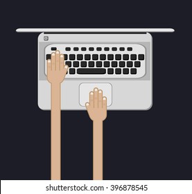 Hands on laptop keyboard. For web design, banner and promotional materials. Flat style. Vector.