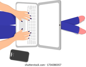 hands on laptop sitting on the floor online training on a white background