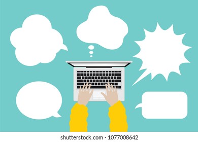 Hands on laptop top view with balloon speech different shape on green background. Social network concept in flat design vector and illustration