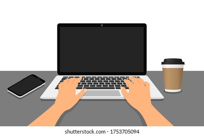 Hands on a laptop. Work at the laptop. Workplace. Vector flat style.