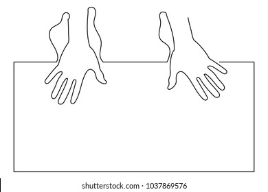 Hands on a large square touch screen  or are on the table. One continuous drawing line drawn by hand on a white background.