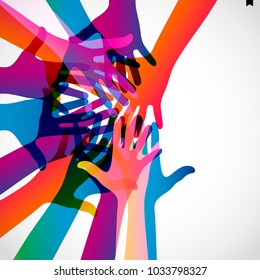 Hands up on a light background. Colorful silhouettes arms.  Vector team, help, friendship symbol illustration.