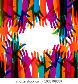 Manos sobre un fondo claro. Silhouettes coloridas brazos.  Equipo vector, ayuda, ilustración de símbolo de amistad.