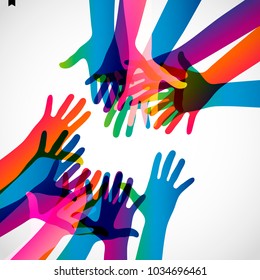 Hands on a light background. Colorful silhouettes arms.  Vector team, help, friendship symbol illustration.