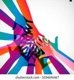 Manos sobre un fondo claro. Silhouettes coloridas brazos.  Equipo vector, ayuda, ilustración de símbolo de amistad.
