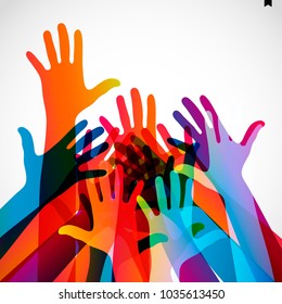 Hands on a light background. Colorful silhouettes arms.  Vector team, help, friendship symbol illustration.