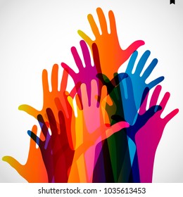 Manos sobre un fondo claro. Silhouettes coloridas brazos.  Equipo vector, ayuda, ilustración de símbolo de amistad.