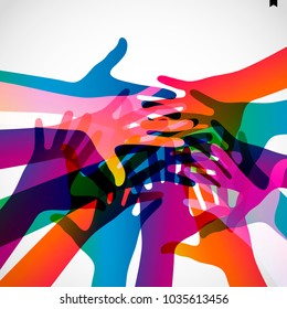 Hände auf hellem Hintergrund. Farbige Silhouetten sind Arme.  Vektorteam, Hilfe, Symbol für Freundschaft.