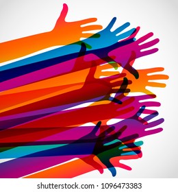 Hands on a light background. Colorful silhouettes arms.  Vector team, help, friendship symbol illustration.